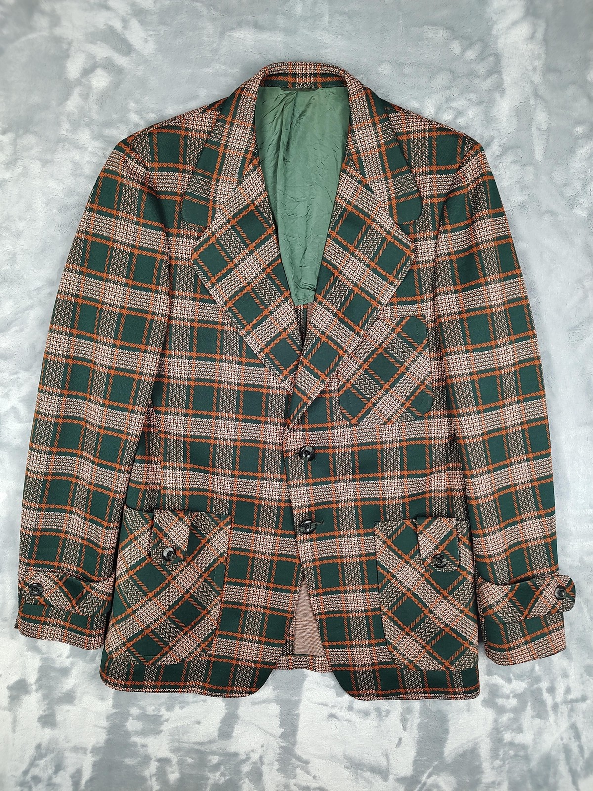 Vintage Ratner Clothes Blazer Mens 40 Green Plaid Polyester Sport Coat Retro 70s