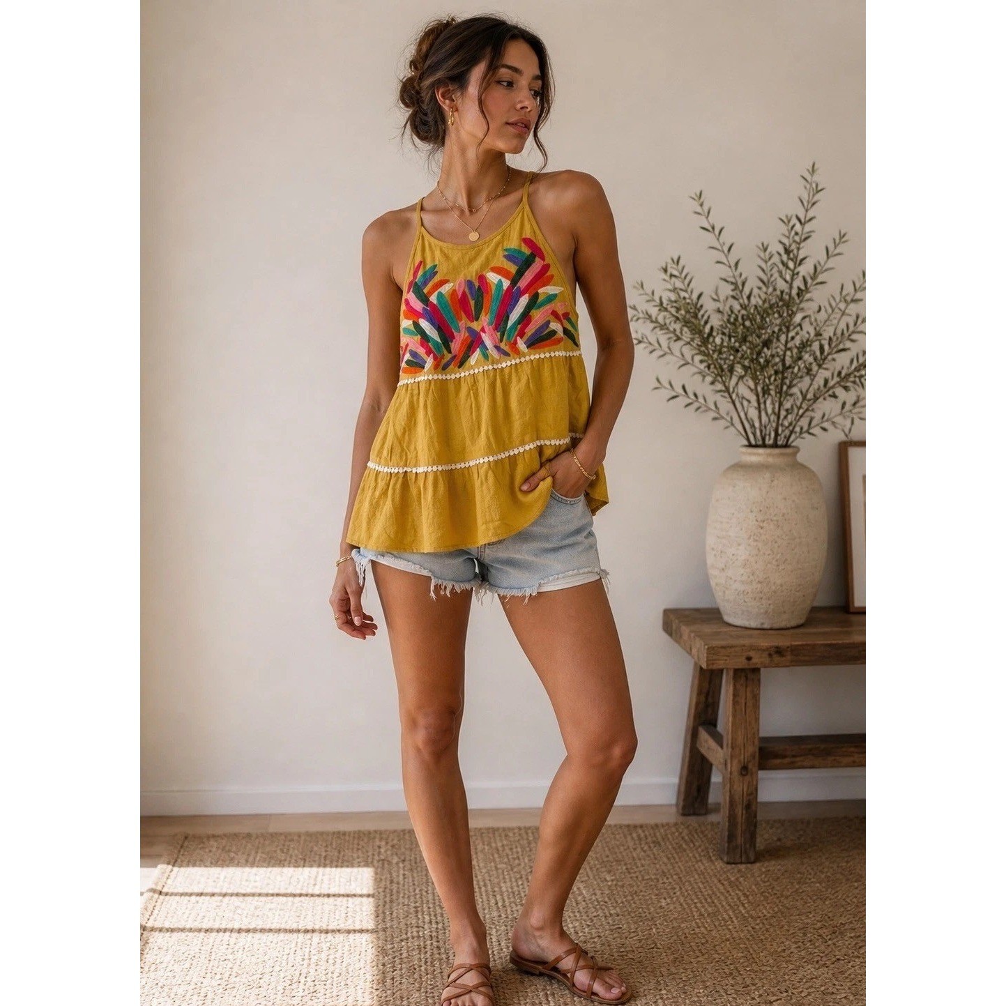THML Women Mustard Yellow Embroidered Halter Top Tiered Babydoll Boho M