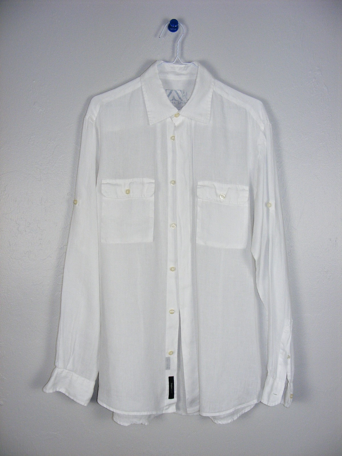 MENS SZ L ERMENEGILDO ZEGNA SPORT 100% LINEN WHITE ROLL UP BUTTON SLEEVE SHIRT L