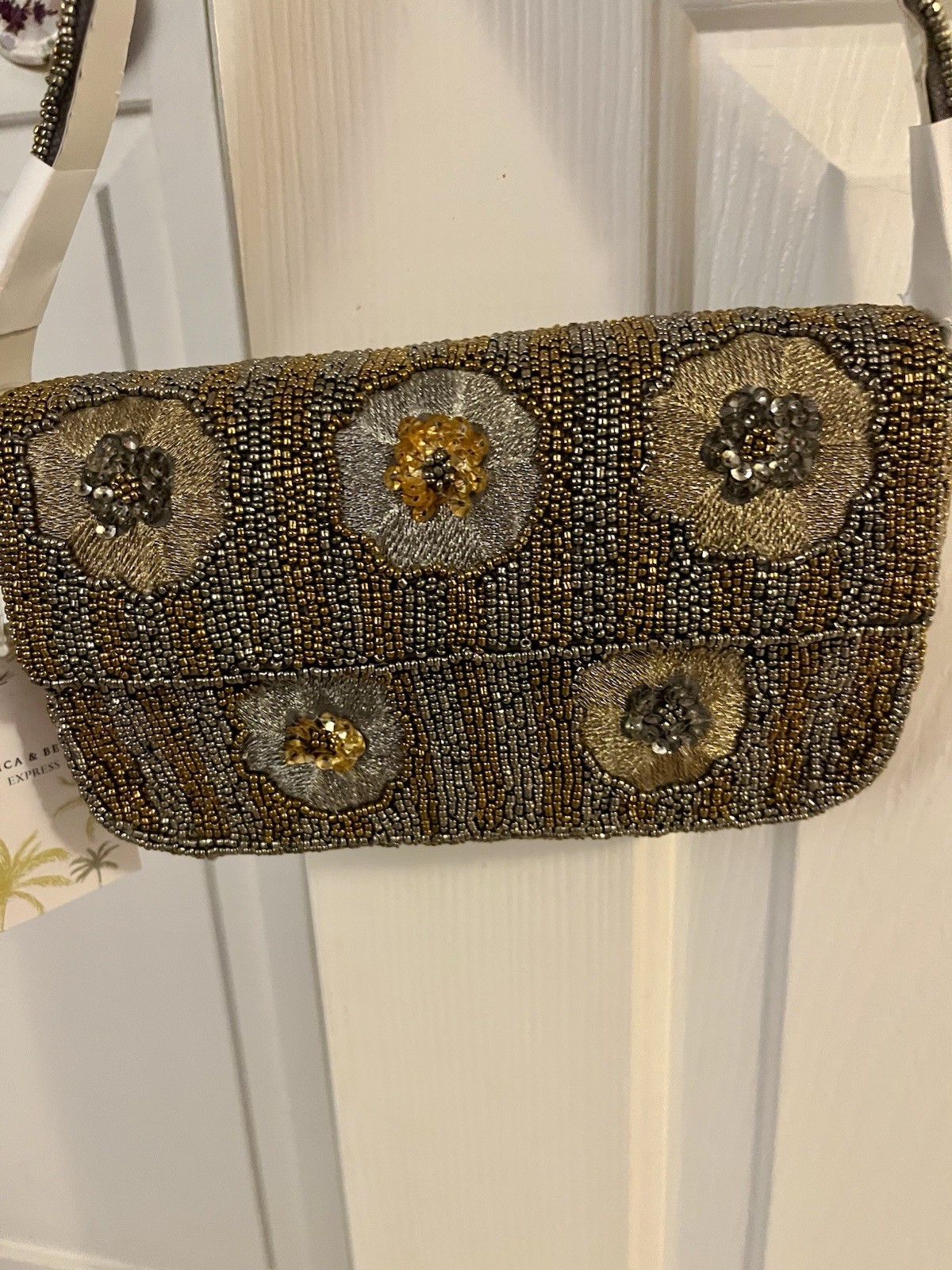 America & Beyond Beaded Floral Shoulder Bag, Gold/Silver, White Strap