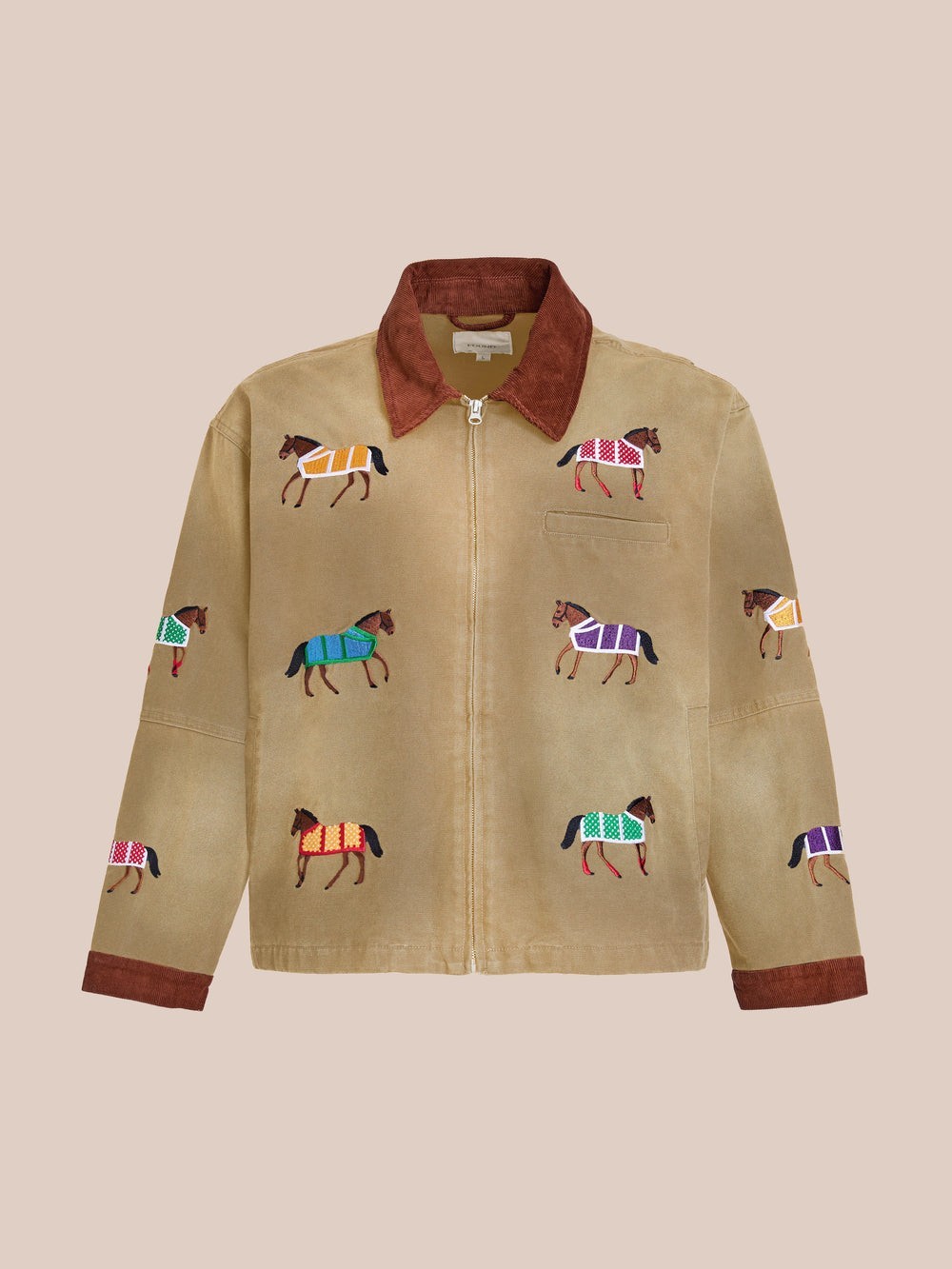 FOUND Women’s S Beige/Brown Horse Embroidered Zip Jacket, Pockets, Short