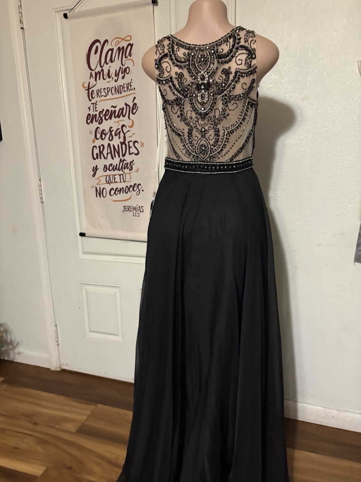 Black Mesh Long Formal Gown Beaded Sequin Sheer Back Sleeveless Solid L