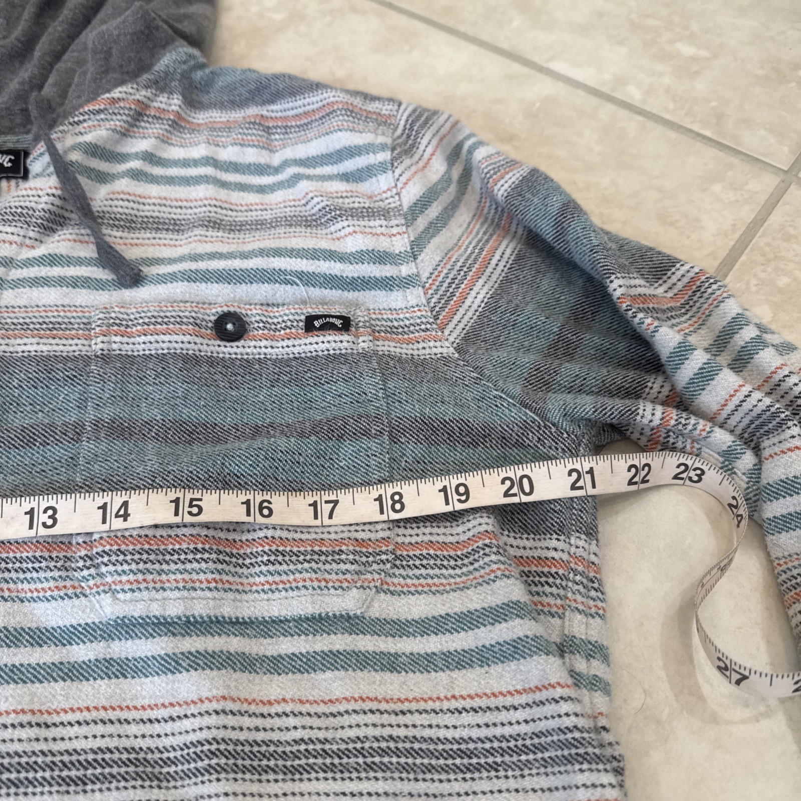 Billabong Baja Flannel Button Up Jacket Shacket Sz L Blue Green Striped Hooded