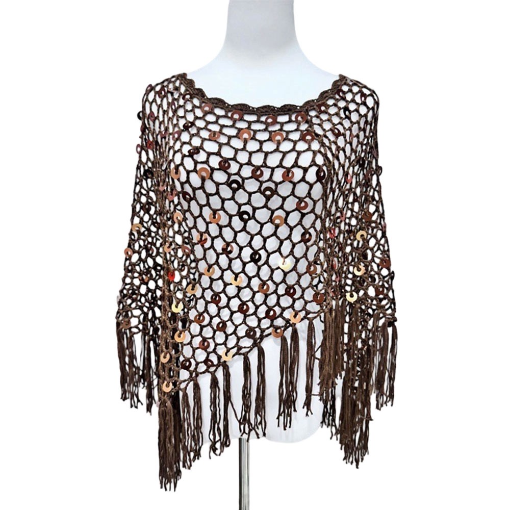 Boho Crochet Sequin Triangle Scarf Shawl Wrap Handmade Tassels for Women