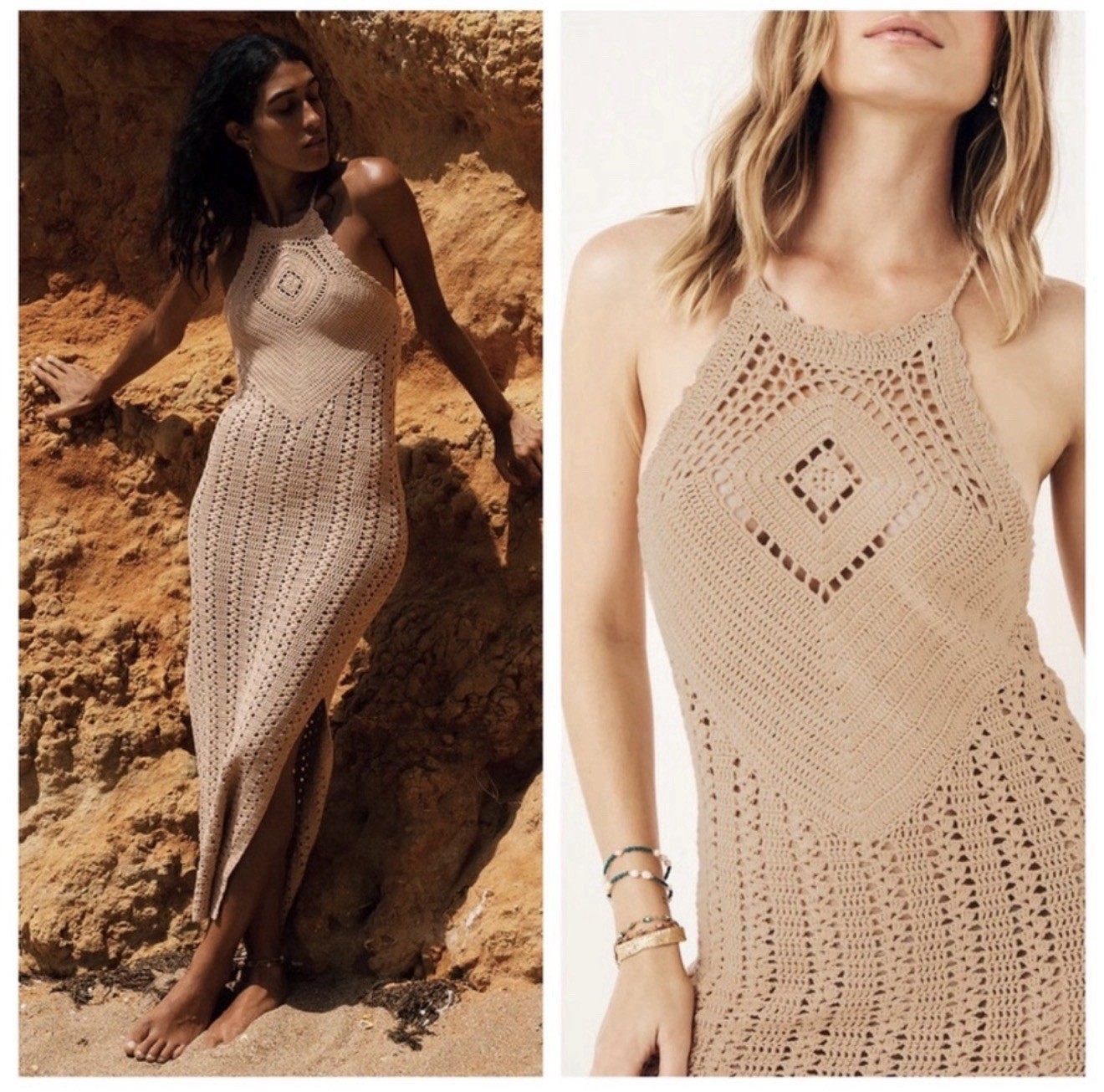 Spell & The Gypsy Collective Beige Crochet Halter Maxi Dress Tassel Open Back M
