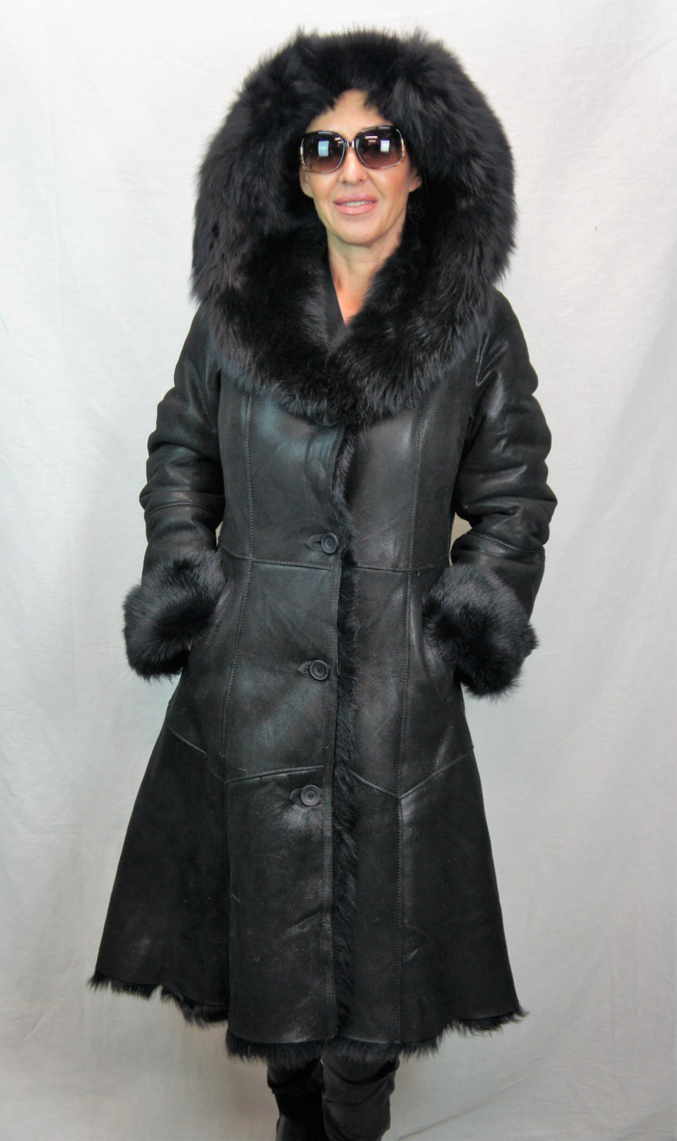 REAL 100% Sheepskin Shearling Leather Toscana Long Coat Hood DAKOTA BLACK XS-6XL