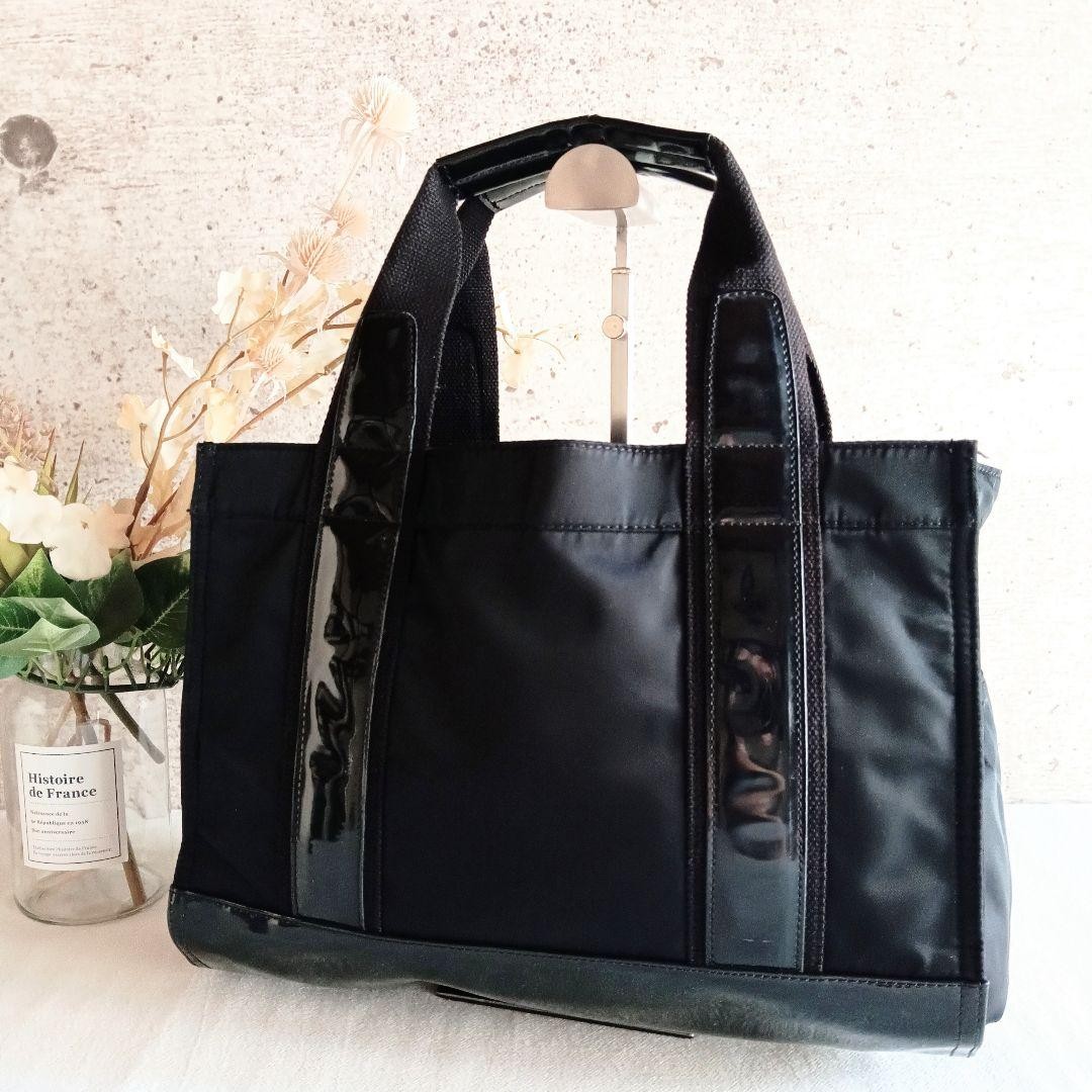 Tory Burch Enamel Nylon Tote Bag Handbag Black Ella