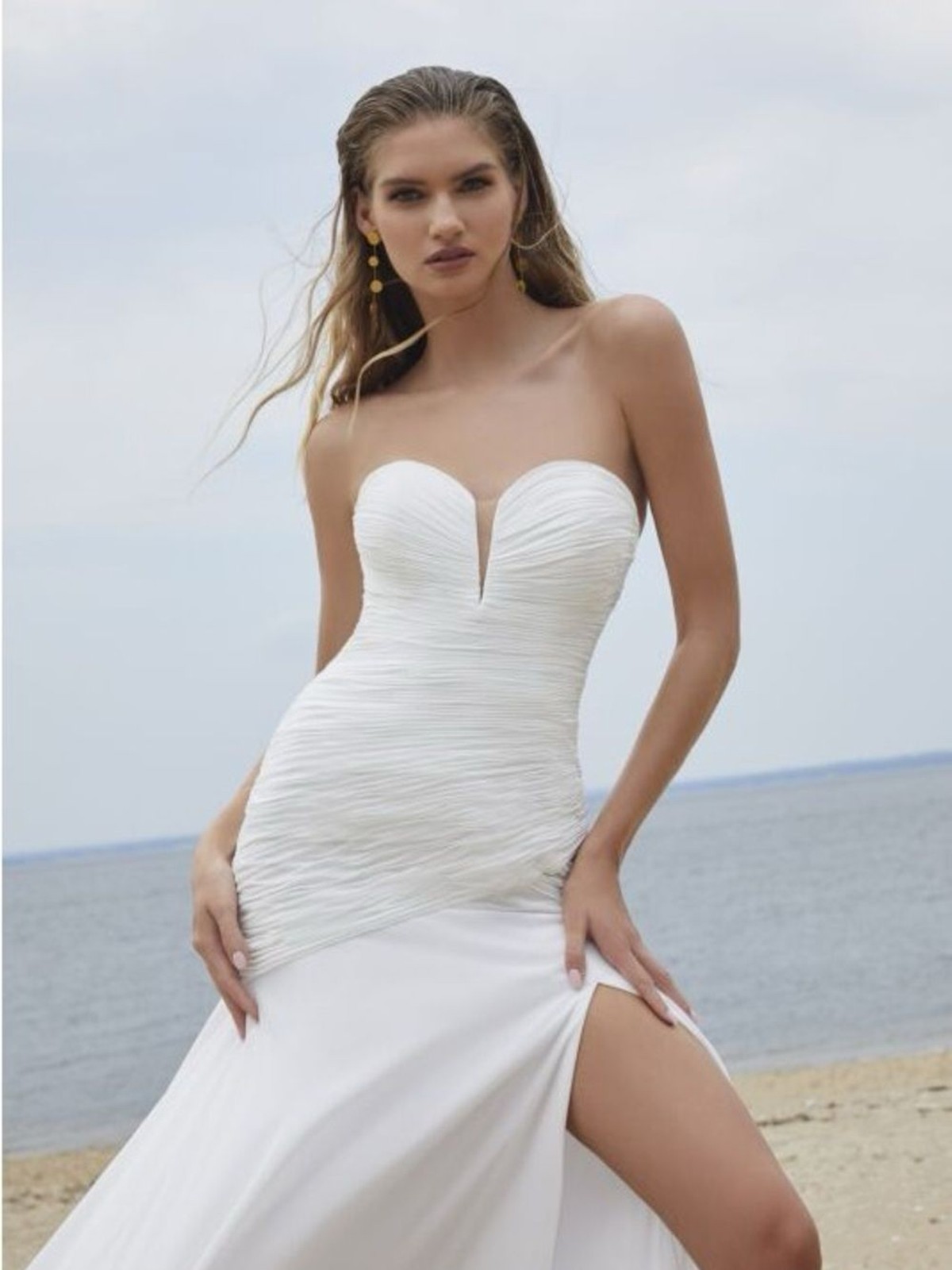 Mori Lee White Off-Shoulder Strapless Wedding Gown with Thigh Slit