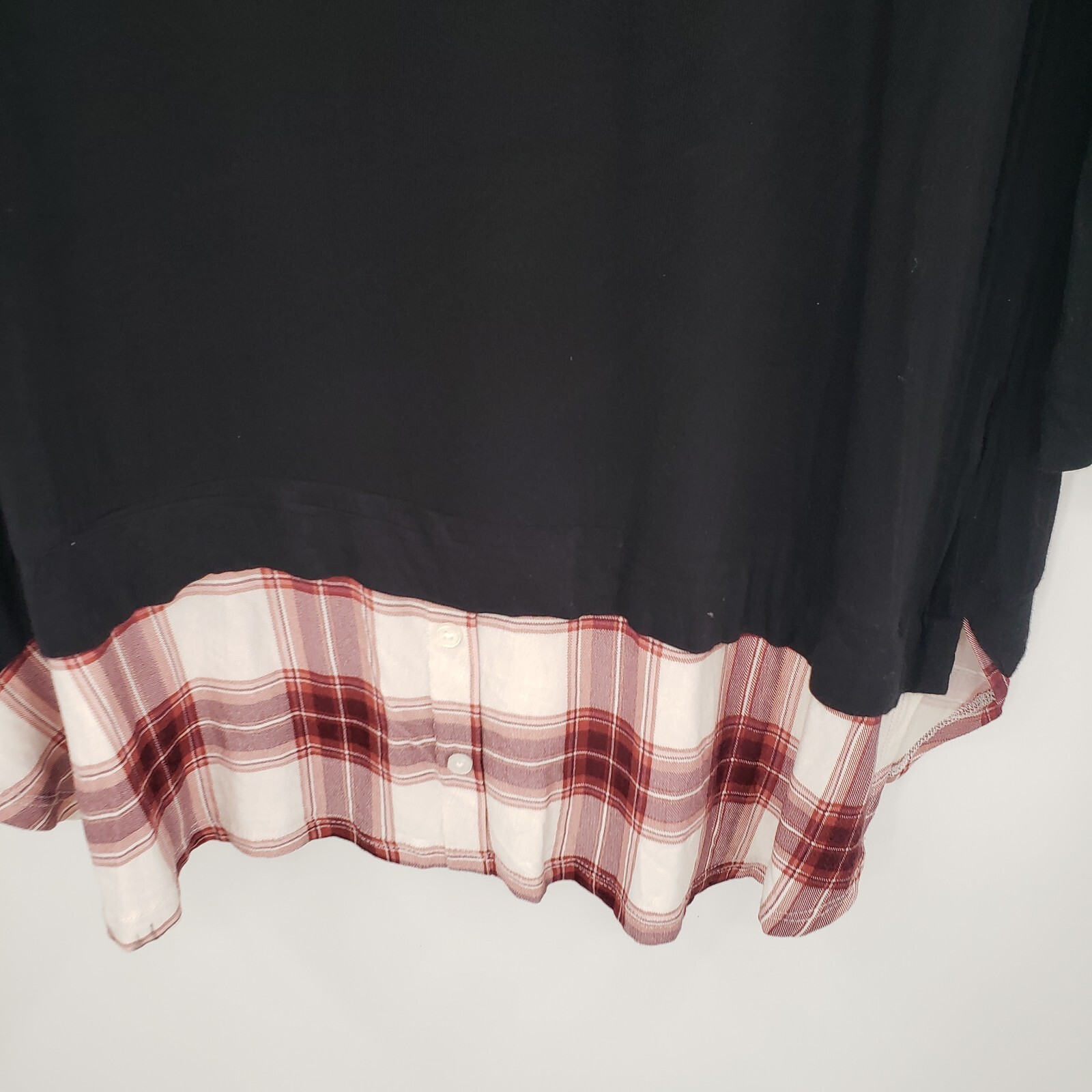 Como Vintage Knit Top Womens LARGE Black Plaid Shirt Tail Hem 3/4 Sleeve Shirt
