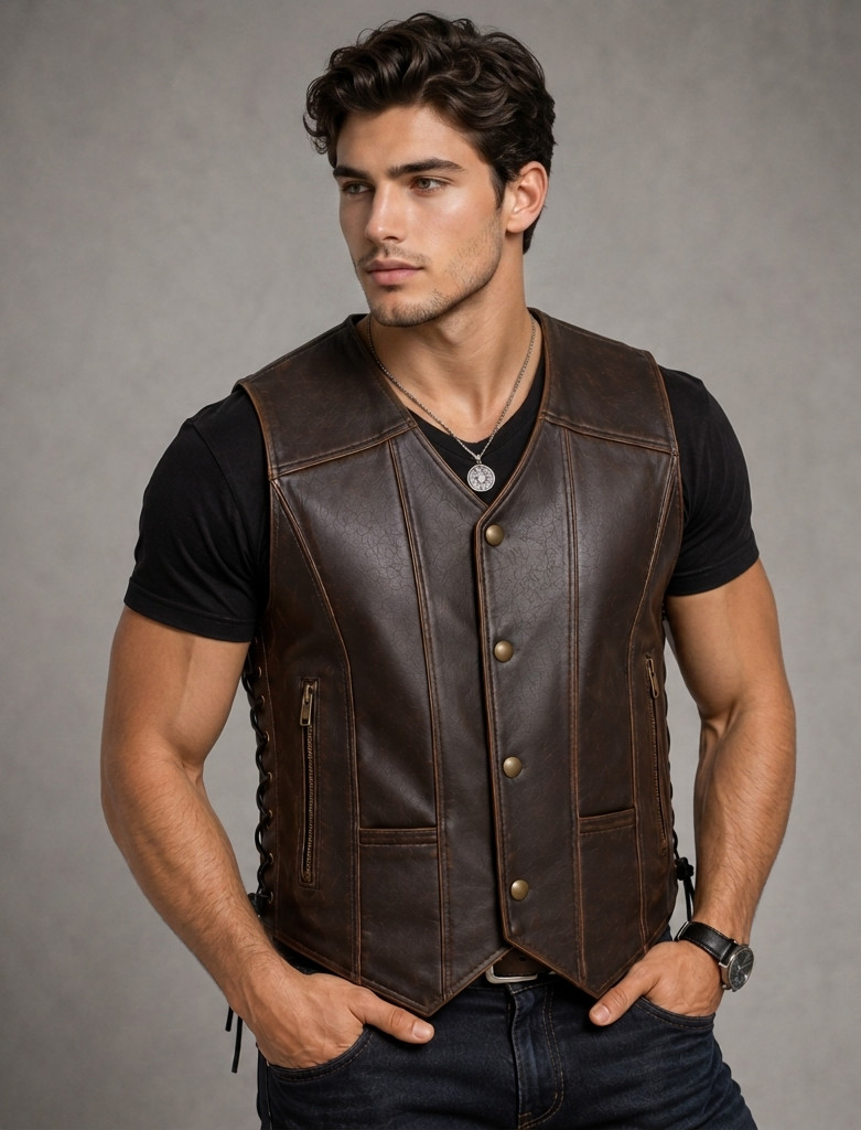 Men’s Distressed Brown Leather Biker Vest – Vintage Motorcycle Western Waistcoat