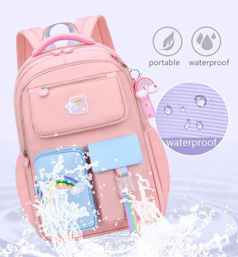 High Class Girls Backpack Macaron Color Block Rainbow Zipper Teen School Bag