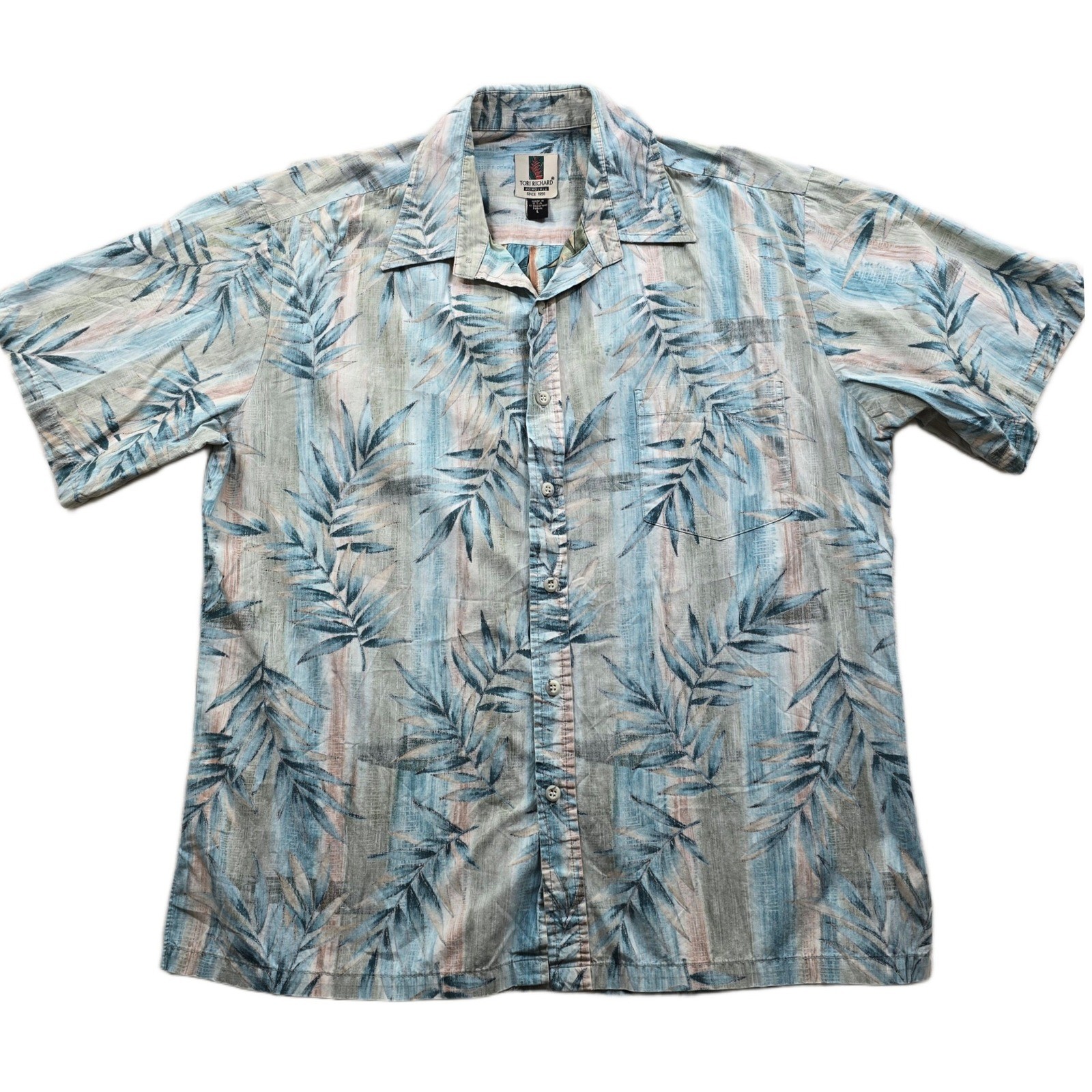 Tori Richard Hawaiian Shirt Mens Large Blue Green Tropical Leaf Print Honolulu