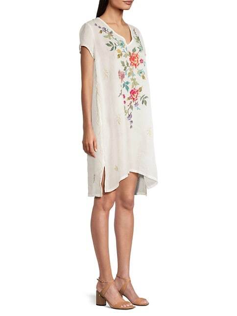 Johnny Was Adele Drape Tunic Dress Floral Embroidery Flowers White Ramie New