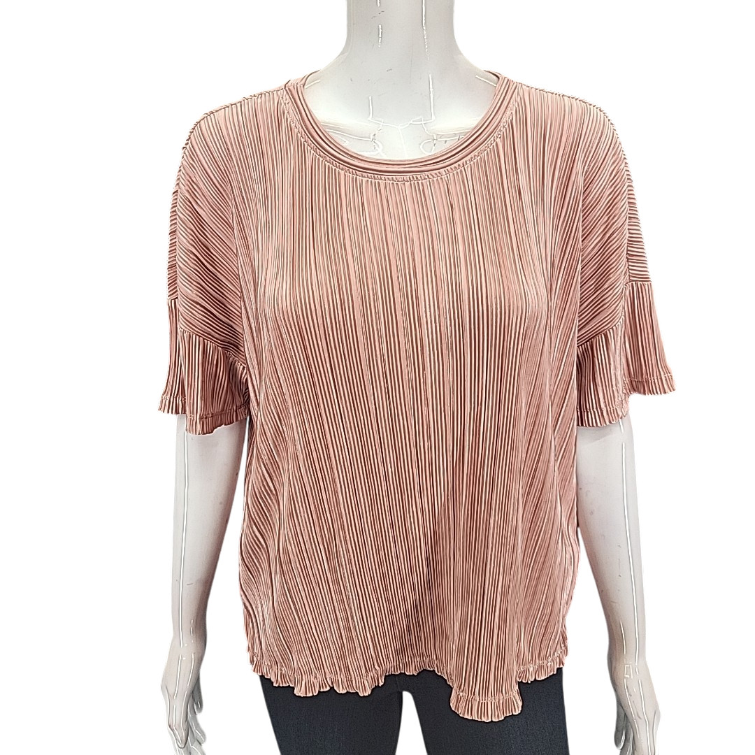 Women’s Plisse Blouse Top Large Size Pink Trendy Dressy Everyday Short Sleeves