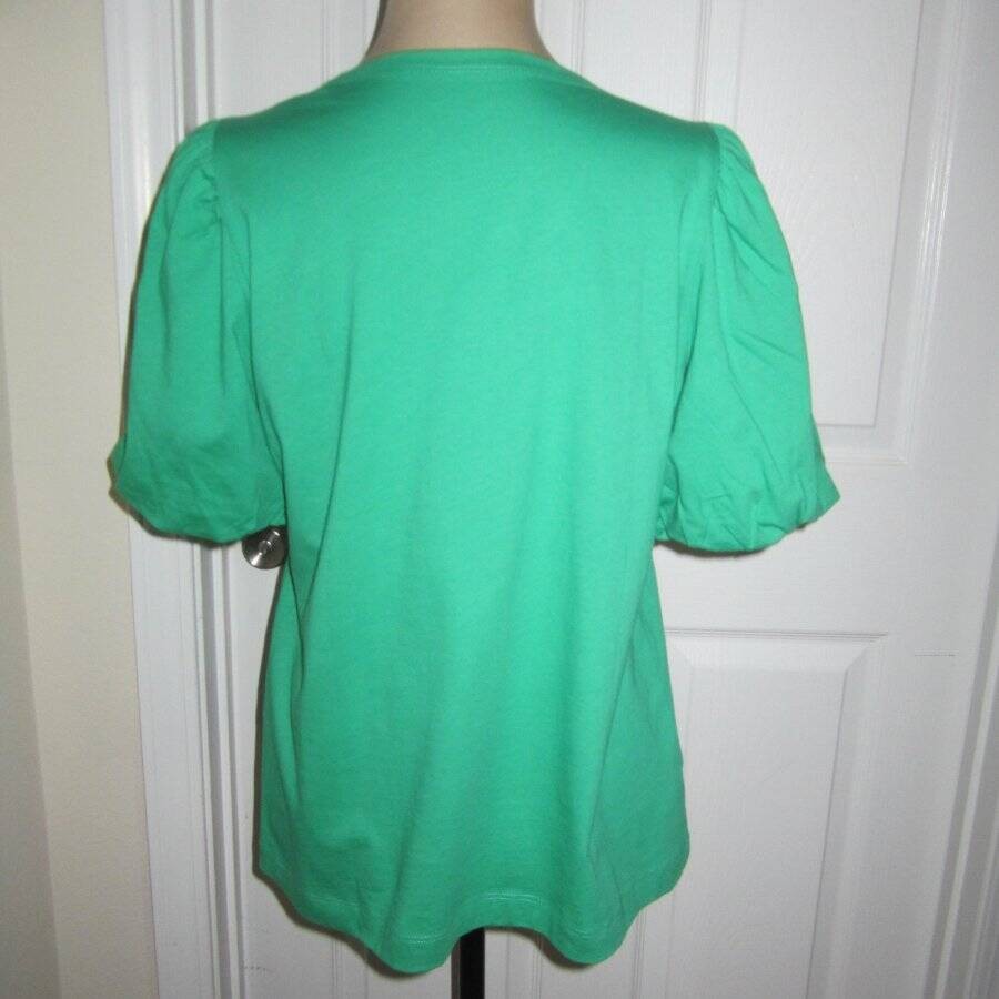 LOFT Puff Sleeve Green Cotton Top Size Med New With Tags Short Sleeve Blouse