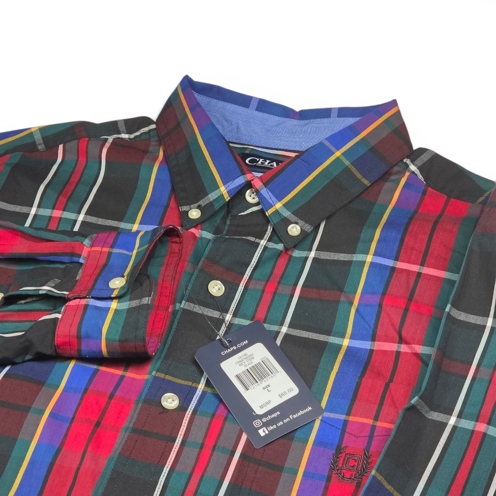 Chaps Men’s Large Plaid Stretch Button Down Shirt Easy Care Long Sleeve NWT