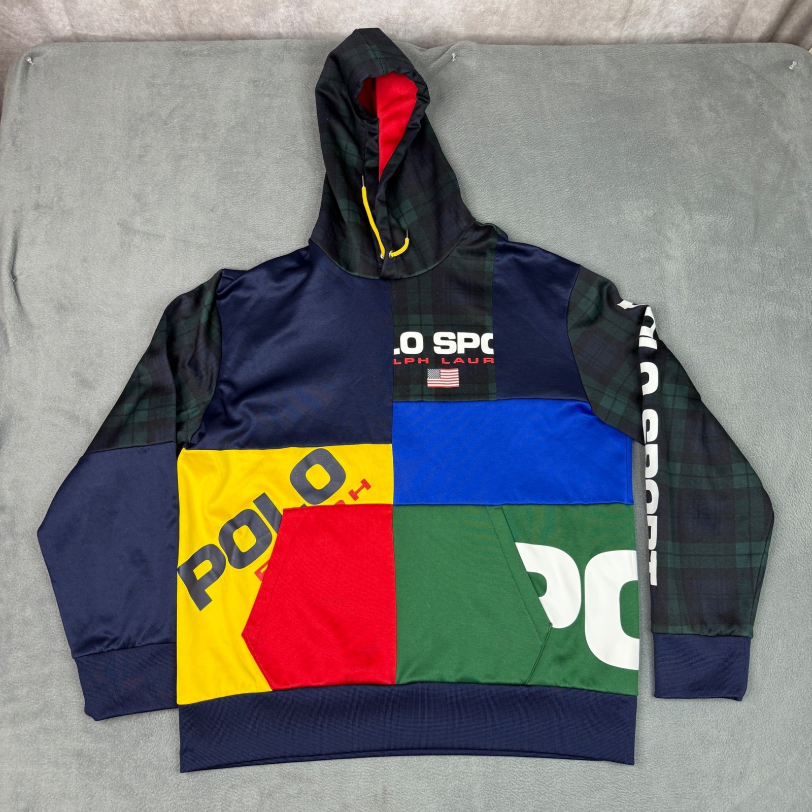 Polo Sport Ralph Lauren Mens Colorblock Plaid Patchwork Performance Hoodie Large