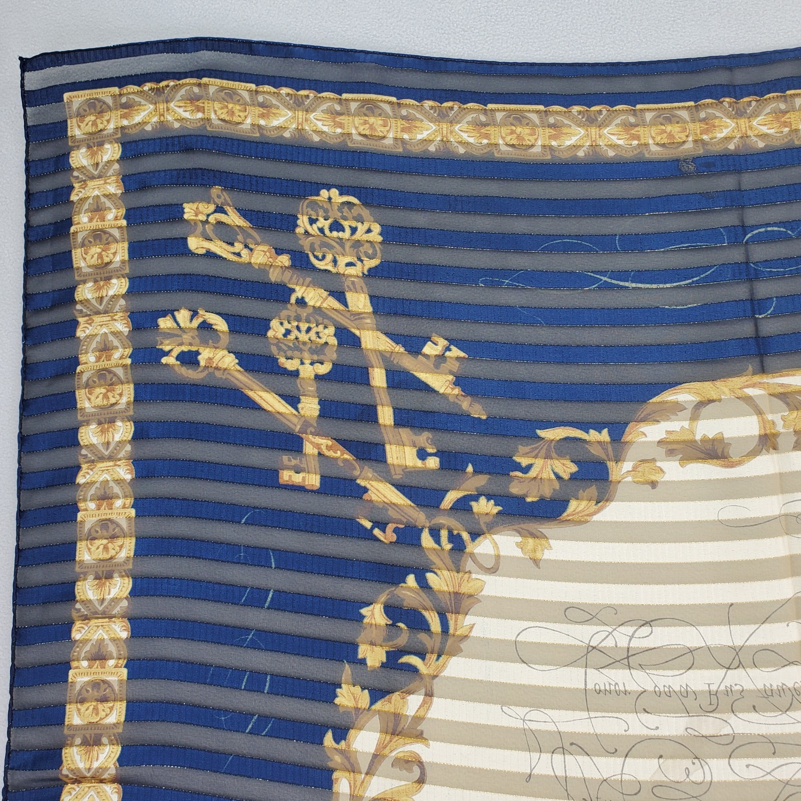 VTG Manuscript Scarf 35in Square Blue Shadow Stripe Faux Latin Gold Metallic Key
