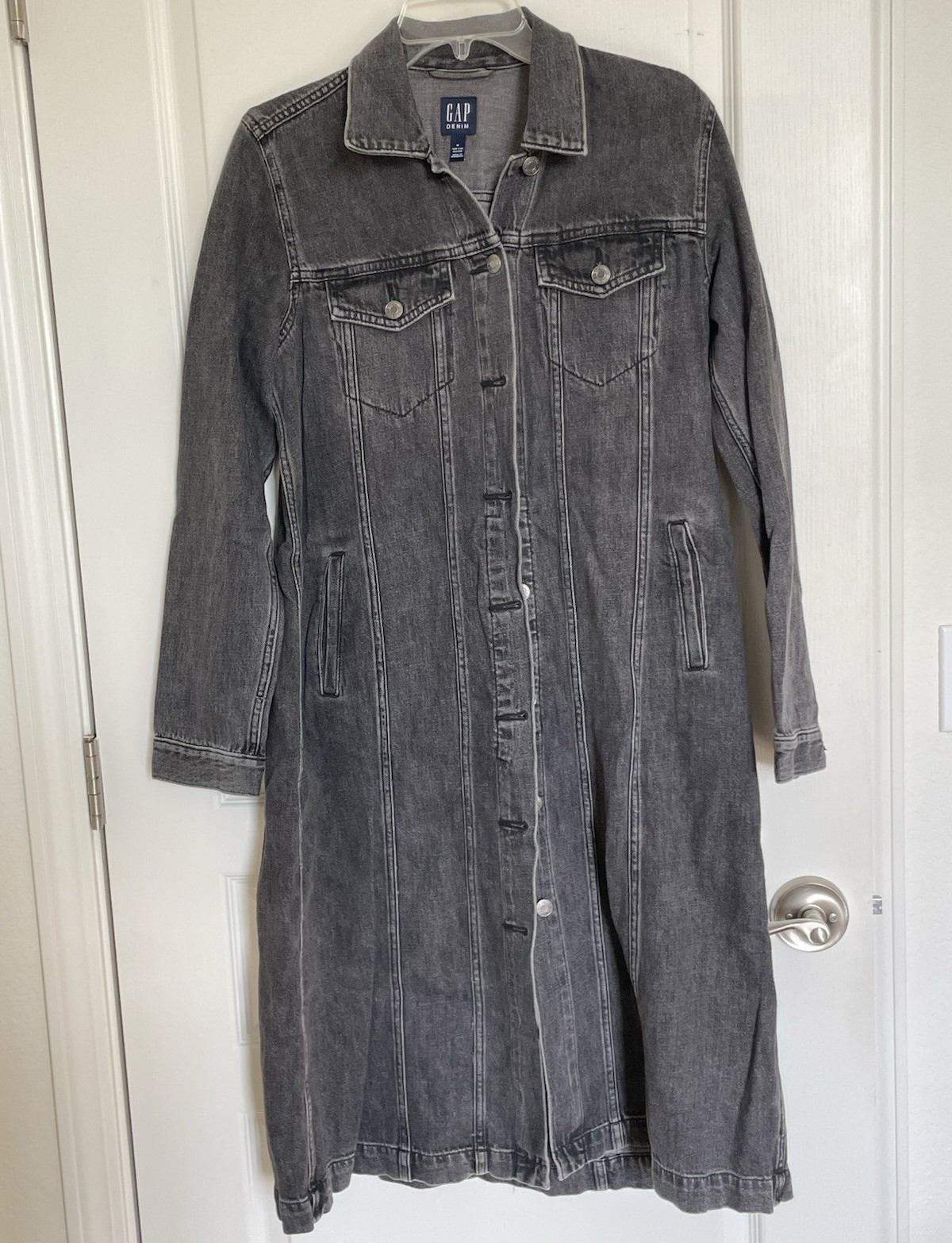 Gap Gray Denim Solid Shirt Dress Button Front Long Sleeve Collared Pockets M