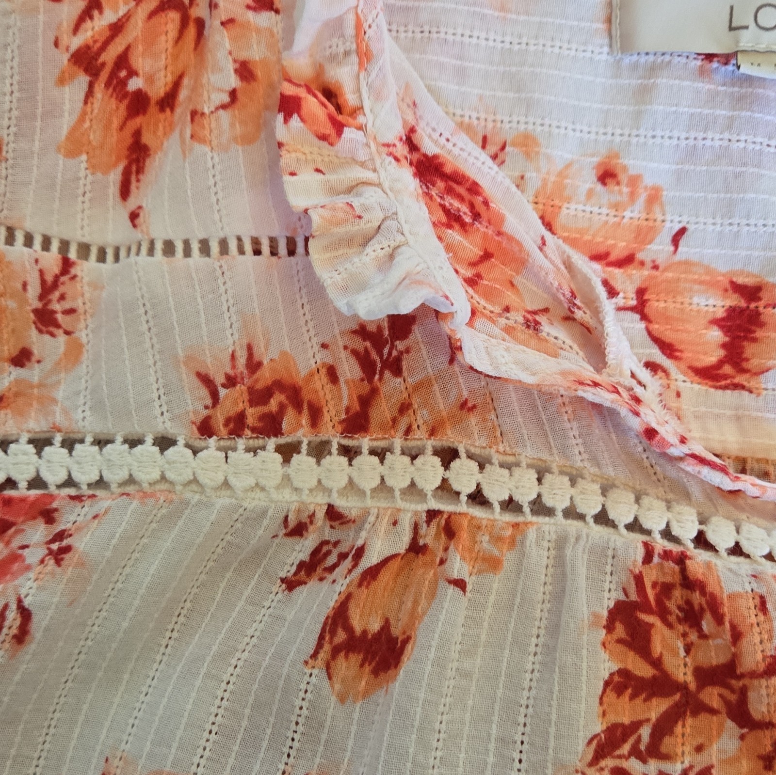 LOFT Women’s M White Orange Floral 3/4 Sleeve Cotton Button Up Blouse Cottage