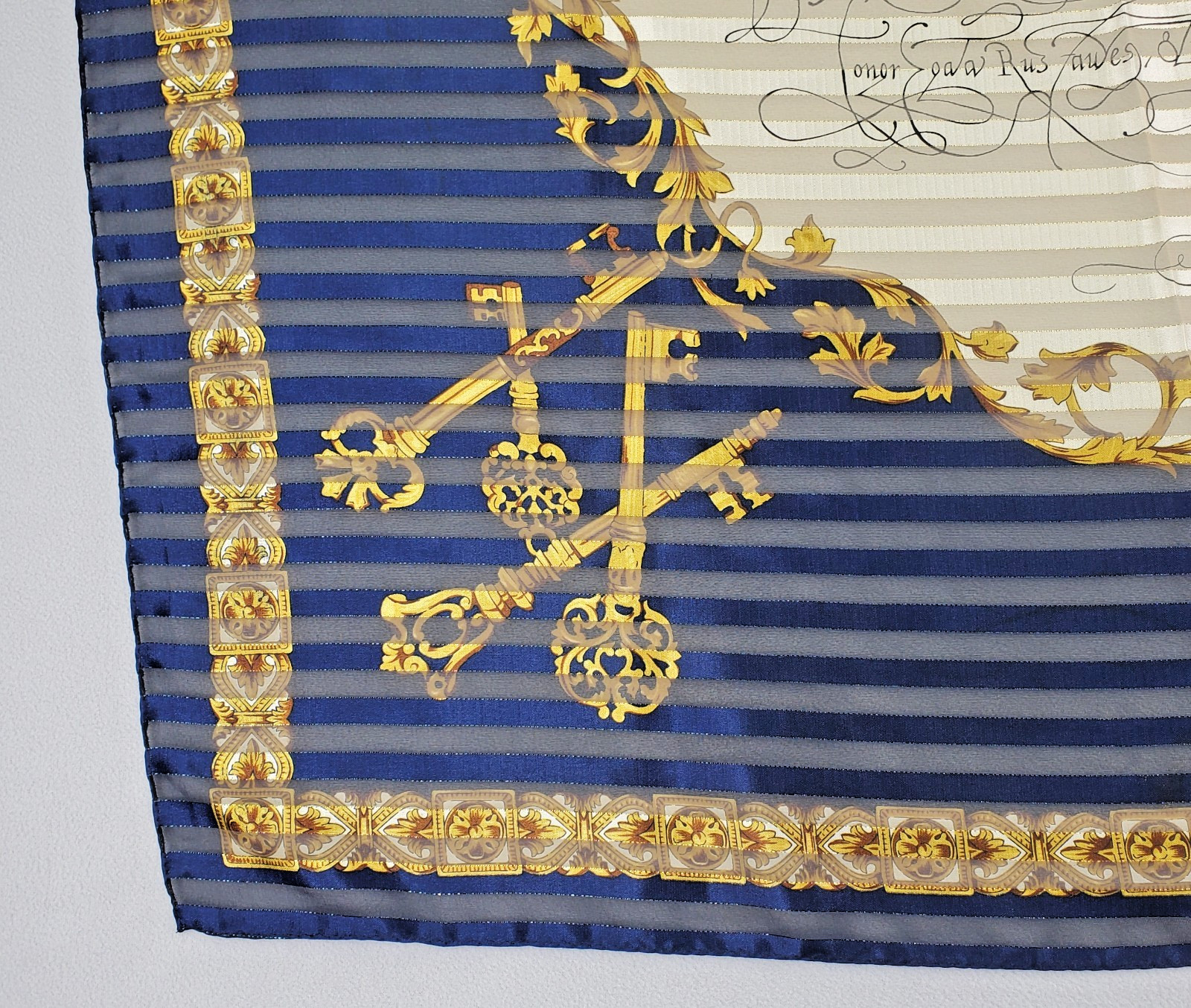 VTG Manuscript Scarf 35in Square Blue Shadow Stripe Faux Latin Gold Metallic Key