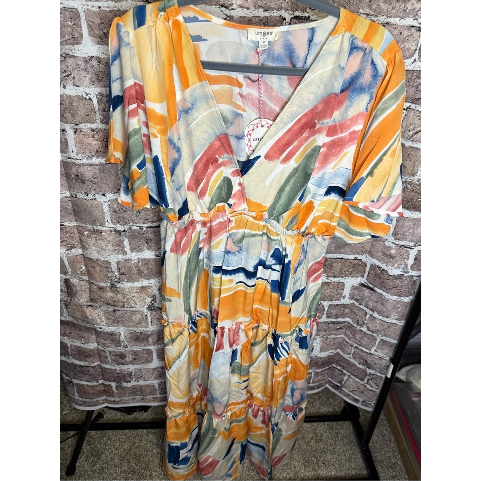Umgee Yellow Blue Pink Abstract Tiered Dress