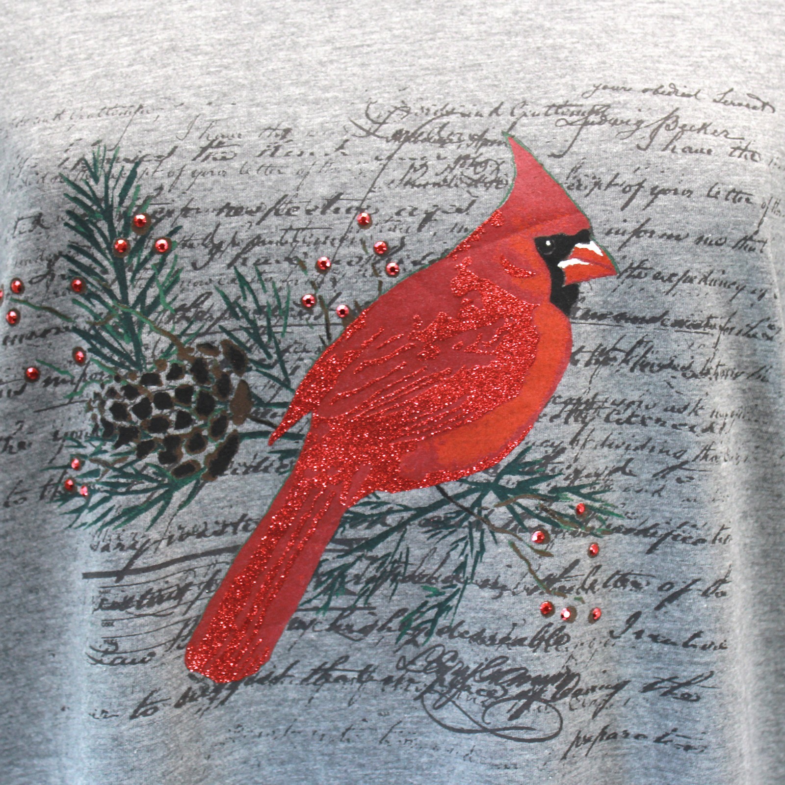 Catherines Plus Gray Cotton Glitter Bird Christmas Top Blouse 3X 26/28W