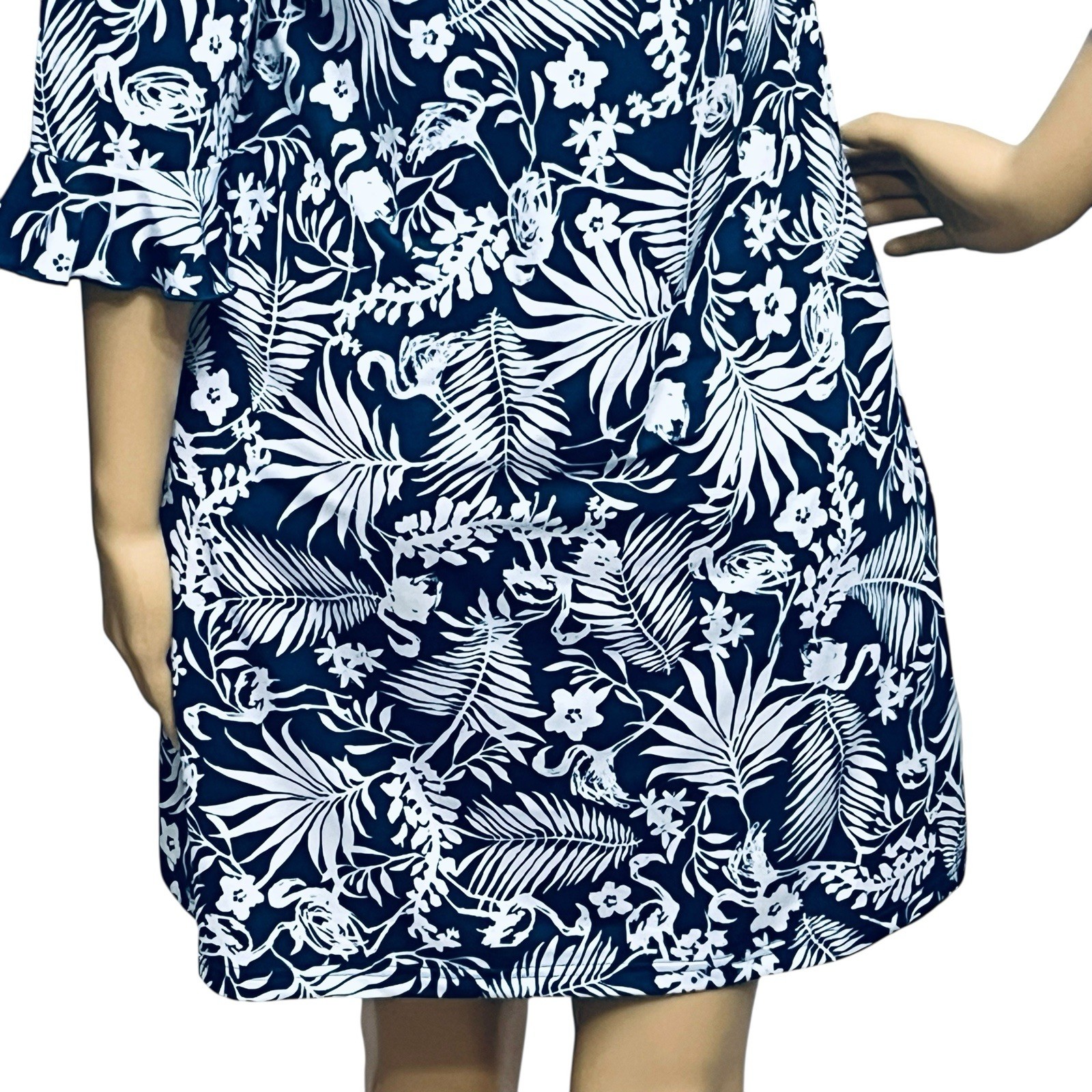 Ana Clare Dress UPF 50+ Tropical Floral Print Gold/Button 3/4 Bell Sleeve Sz S