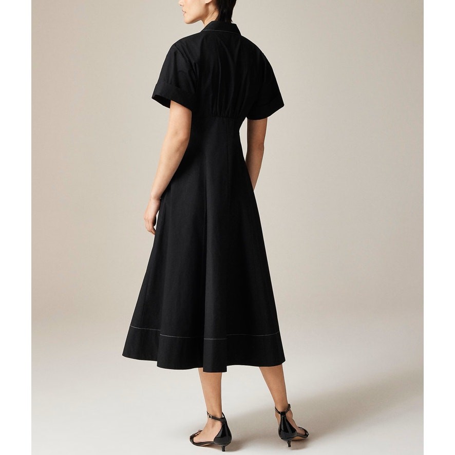 J.Crew Zip Up Shirtdress Womens 6 Black Midi Short Sleeve A-Lined Cotton Poplin