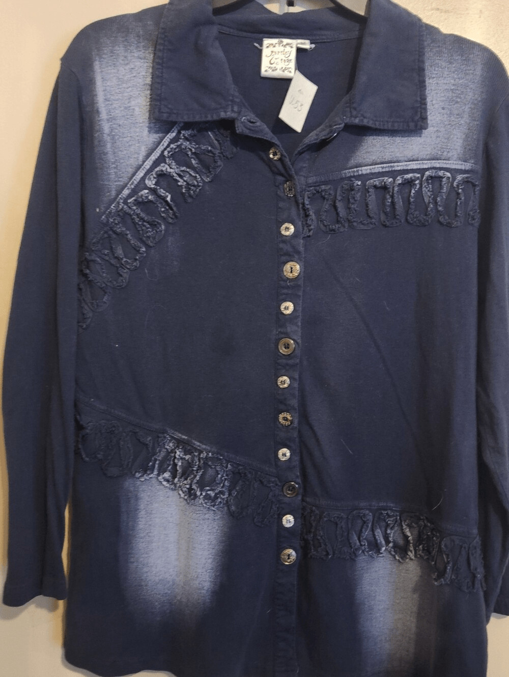 U53 Parsley & Sage Navy Button-Front Shirt Textured Fringe Detail Subtle Fading