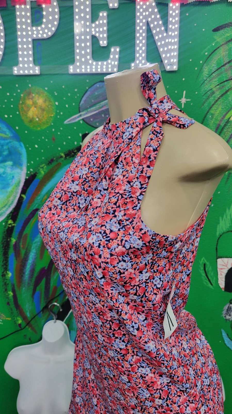 Maison Jules Floral Halter Tie-Neck Keyhole A-Line Short Dress Pink/Blue Sz S