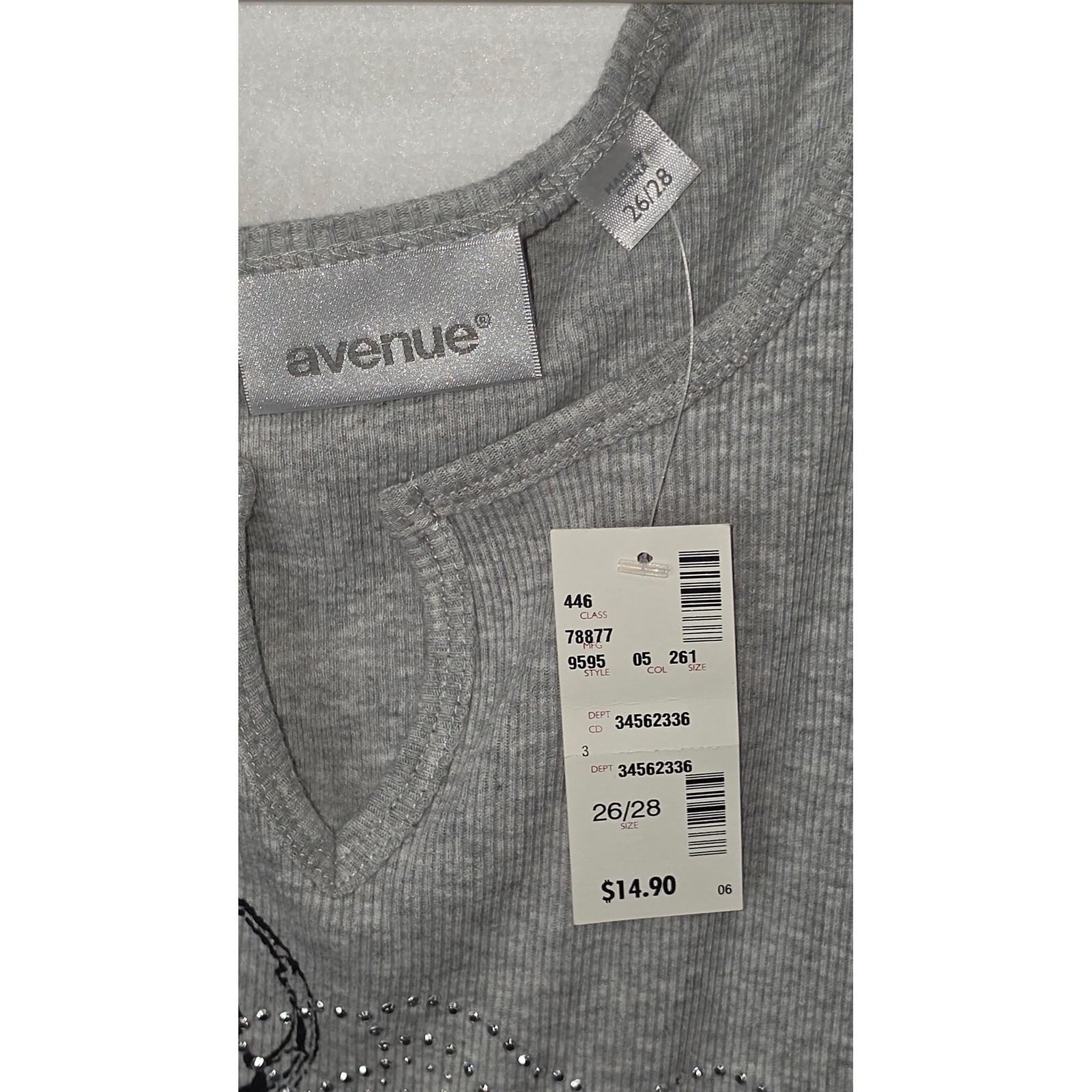Avenue Gray Ribbed Tank Top Plus Size 26/28 Scroll Graphic Rhinestone NWT