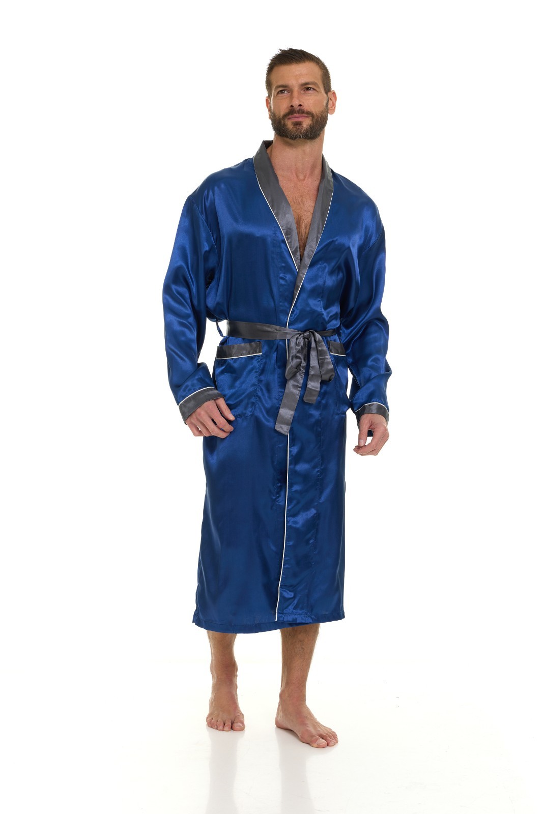 Mens Silk Satin Robe – NAVY / GRAY COLLAR – ” 5 day Delivery – USA ”