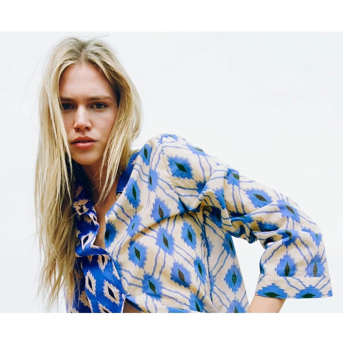 Zara Women’s XS Blue Abstract Print Button Front Blouse Long Sleeve Morocco