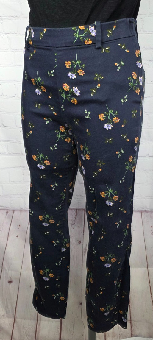 H&M Chino Pants Navy Blue Floral Slacks Stretch Side Zip Casual Career Preppy 8