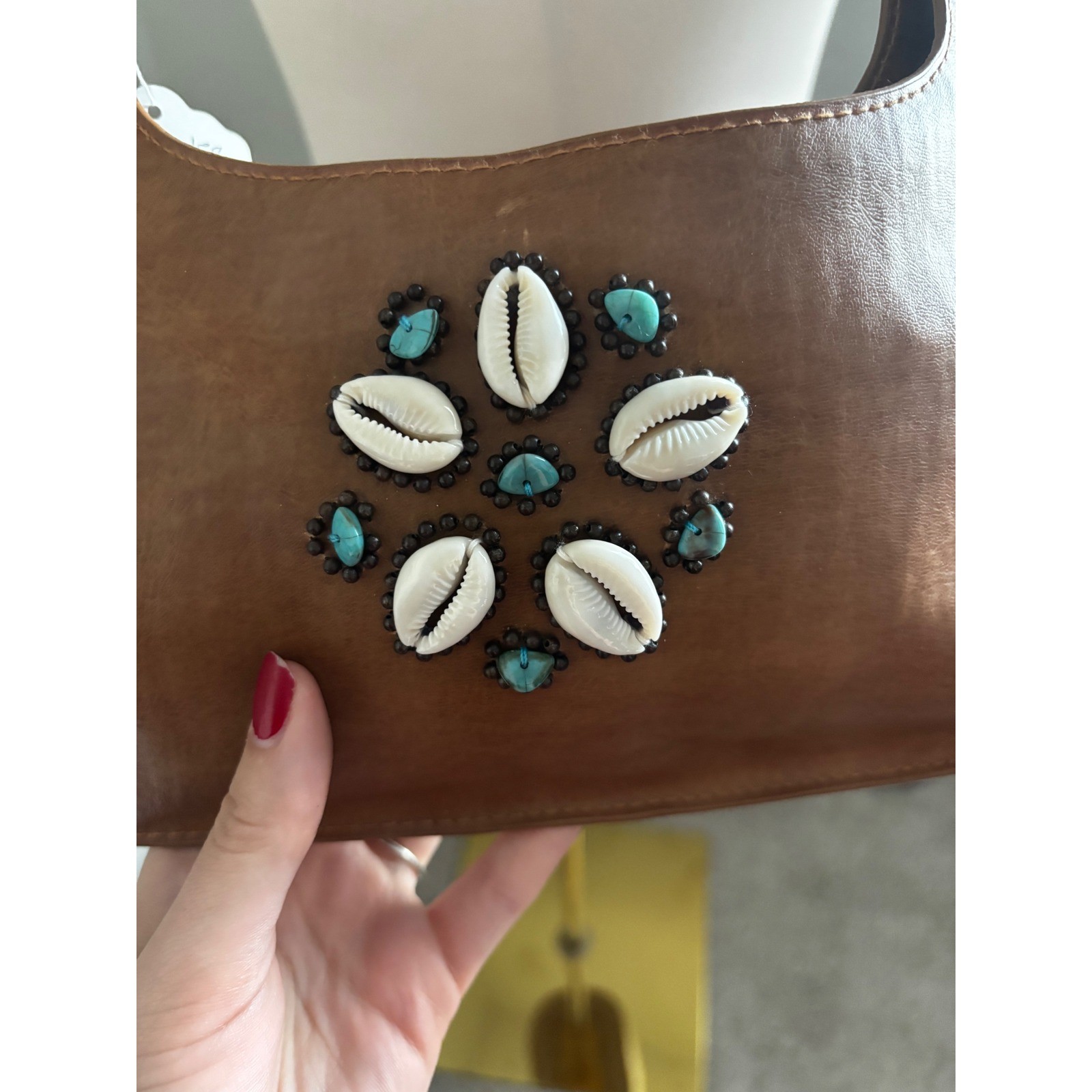 Steve Madden Brown Boho Cowrie Shell Turquoise Beaded Shoulder Bag Hobo Vintage