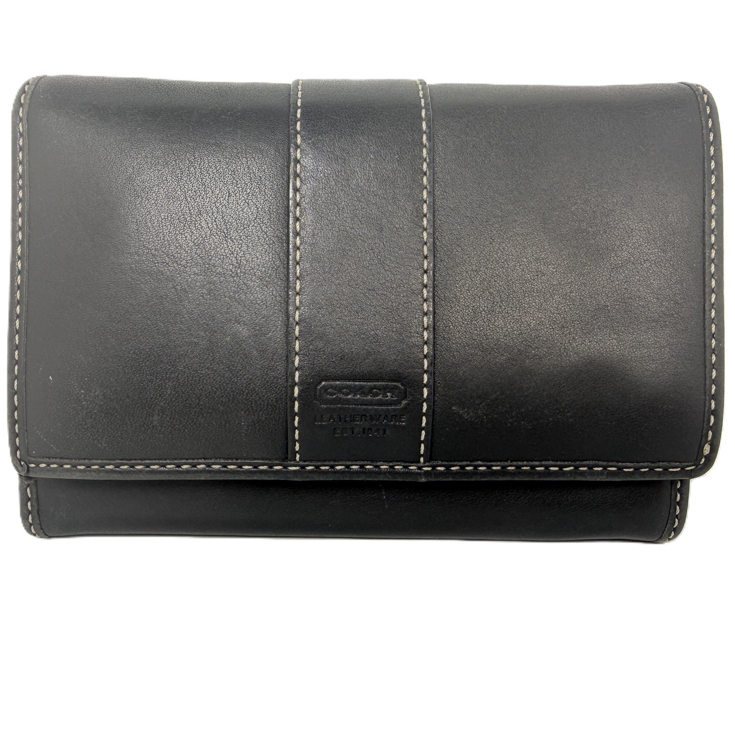 Coach Leatherware Black Leather Wallet Organizer White Stitch Zip Coin Holder