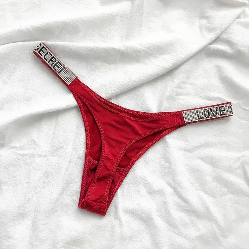 Low Waist Sexy Women Thongs Panties Rhinestones Letter Diamonds G String Sports