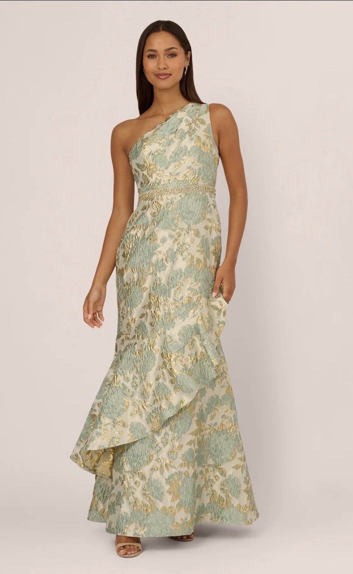 Adrianna Papell One Shoulder Beaded Metallic Jacquard Floral Long Gown Size 16
