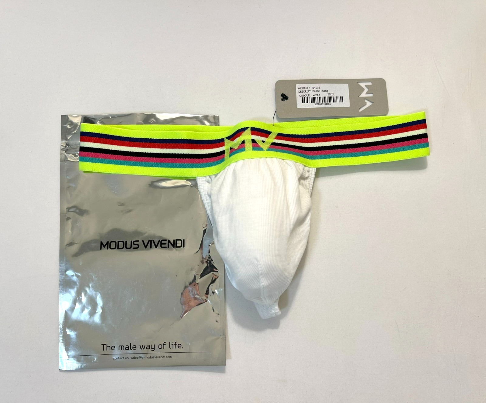 Modus Vivendi Size L Ribbed Cotton Peace T-Back Thong – White/Multi Color