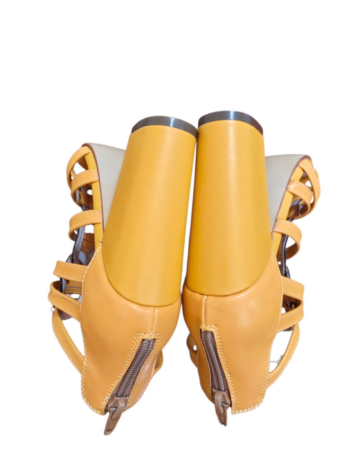 Andrea Mustard Yellow Cage Block Heel Sandals Strappy Open Toe US 6.5