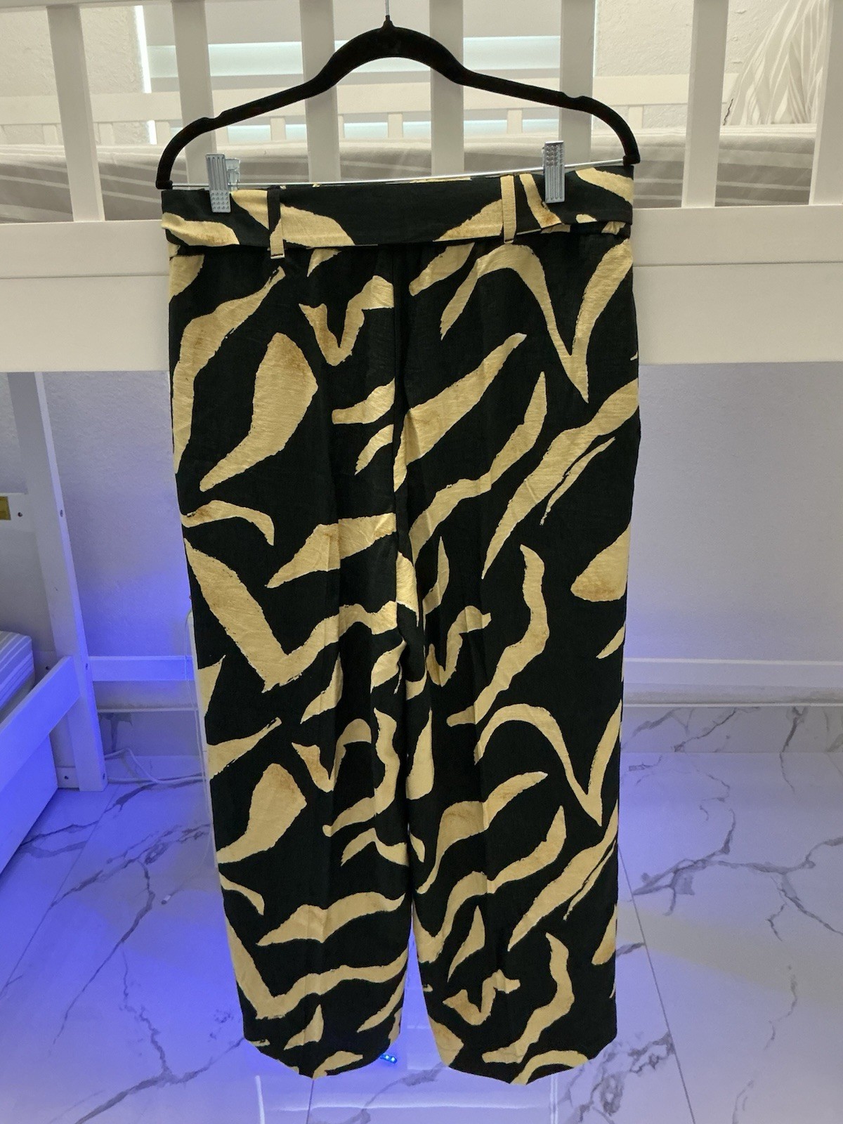 Mango Women’s Black Beige Abstract Wide-Leg Pants Tie Waist w/ Pockets L