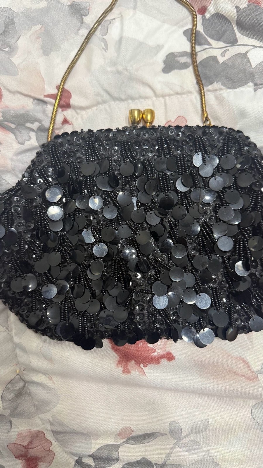 Vintage 1960s Black Beaded and Sequin Fringe Evening Bag Made in Hong Kong