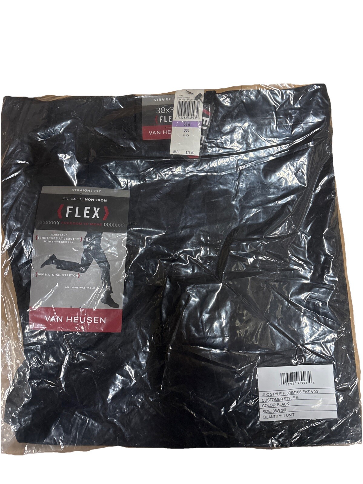 Van Heusen Men’s Flex Flat Front Straight Fit Pant Size 38W x 30L In Black