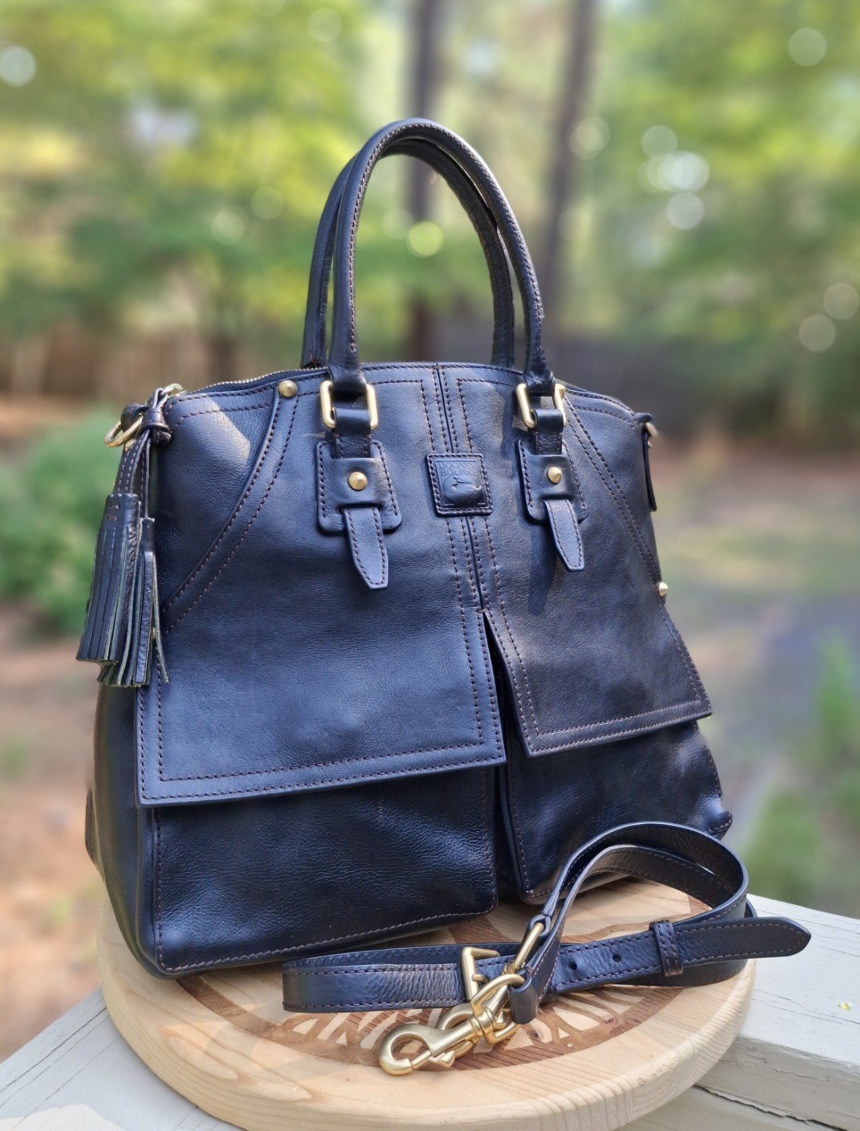 Dooney & Bourke Black Florentine Vacchetta Leather Clayton Satchel