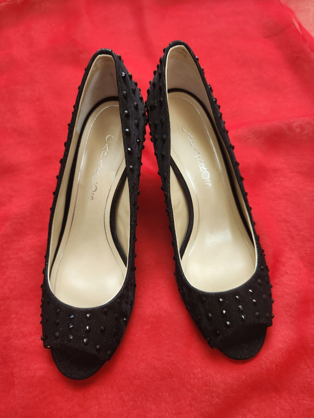 CAPARROS women Shoes Black Fabric glass beads LEATHER sole size-10M Kitten Heels