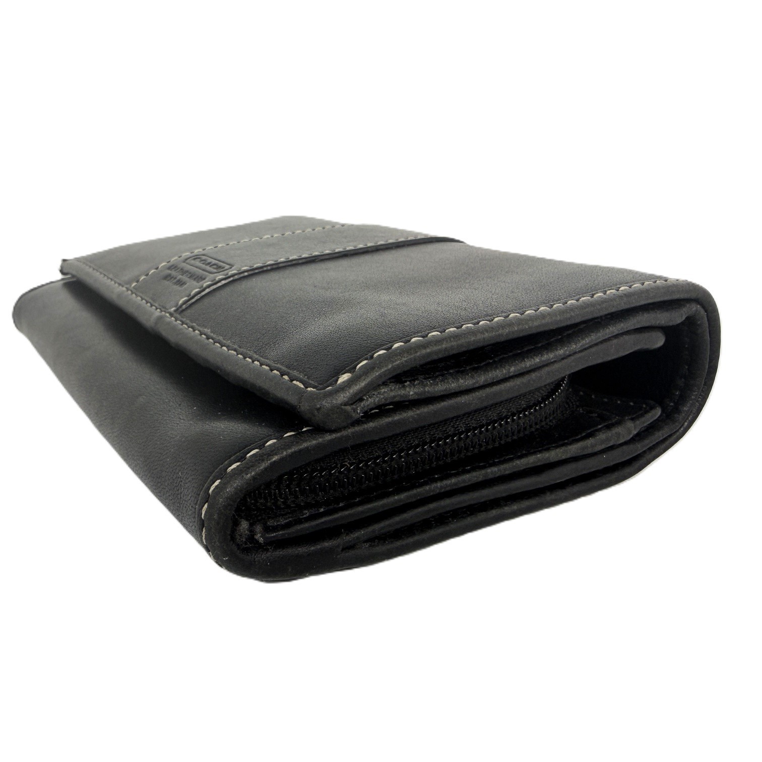 Coach Leatherware Black Leather Wallet Organizer White Stitch Zip Coin Holder