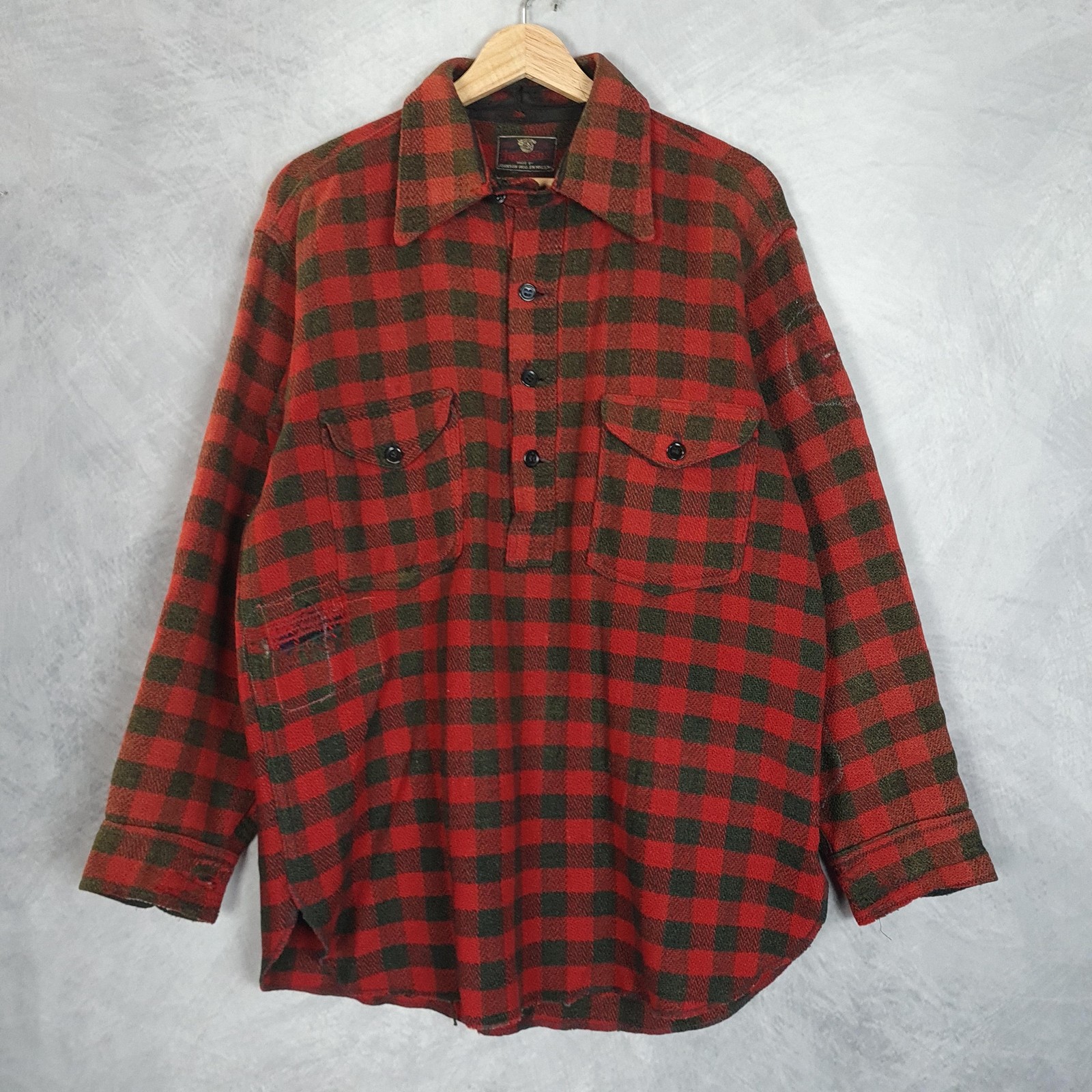 Vintage Johnson Woolen Mills Shirt Mens Large Red Buffalo Plaid Hunting Wool