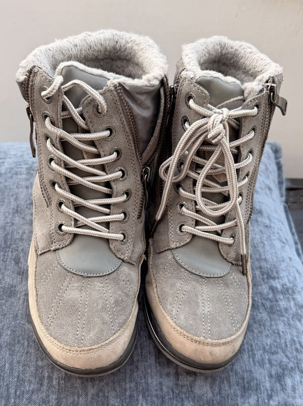 Pajar Gray Jeana Leather Faux Fur Lined Lace-Up Side Zip Ankle Snow Boots 6-6.5