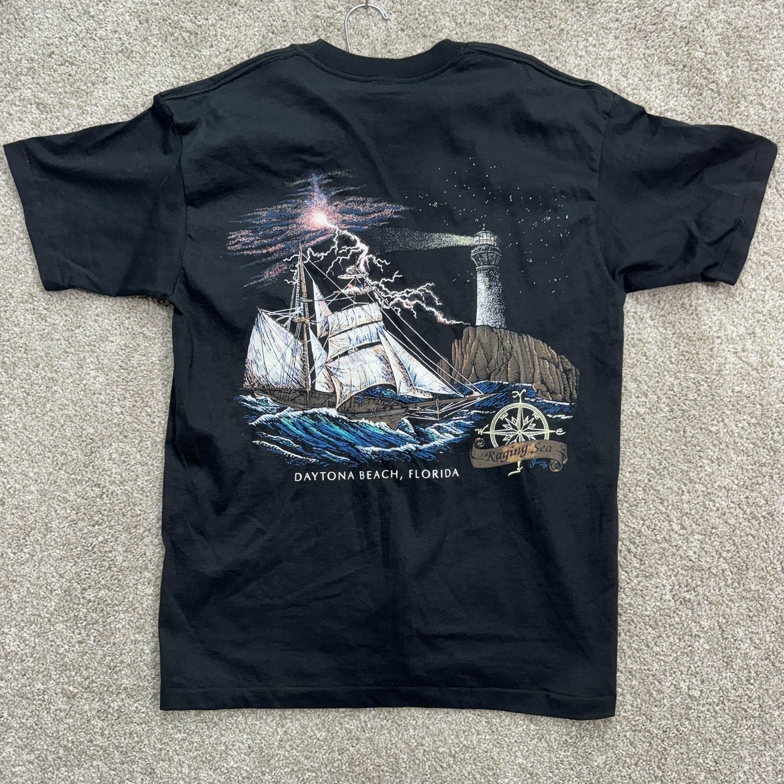 Sherry’s Best Pocket T-Shirt Mens Large Black Raging Sea Ship Vintage 90s USA